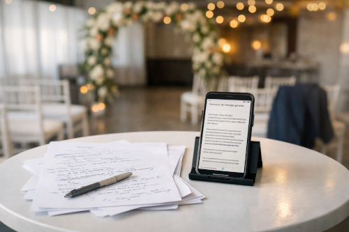 Discours de mariage IA personnalisé affiché sur smartphone dans une salle de réception moderne