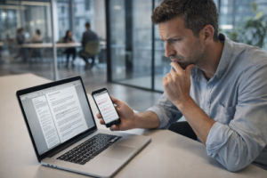 Personne comparant une lettre IA sur smartphone et ordinateur dans un espace moderne illustrant les limites de l’intelligence artificielle pour écrire un courrier