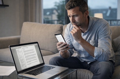 Personne hésitant devant une lettre IA sur smartphone et ordinateur, illustrant les limites de l’intelligence artificielle pour écrire un courrier