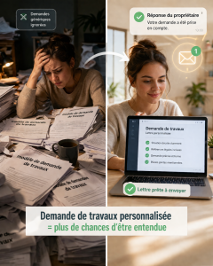 Demande de travaux personnalisée avec lettre au propriétaire efficace comparée à un modèle générique inefficace dans un logement