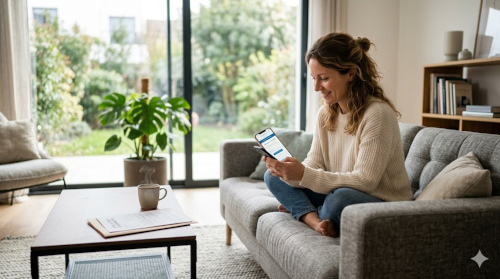 Une personne soulagée utilisant son smartphone pour générer une lettre de rétractation de crédit à la consommation dans un salon moderne.