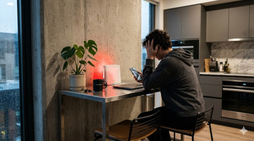 Une personne désespérée devant sa box internet clignotant en rouge, symbole d'une panne prolongée nécessitant un courrier de réclamation.