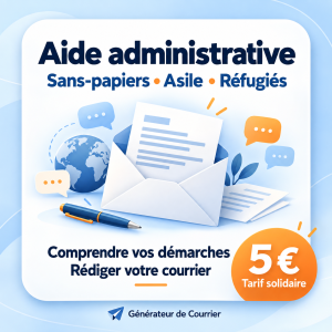 Illustration d’une lettre dans une enveloppe, entourée d’un globe et de bulles de dialogue, pour une aide administrative à 5 €.