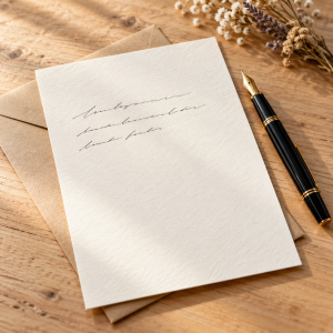 Papier ivoire avec quelques lignes manuscrites, stylo plume noir et enveloppe kraft sur une table en bois clair.